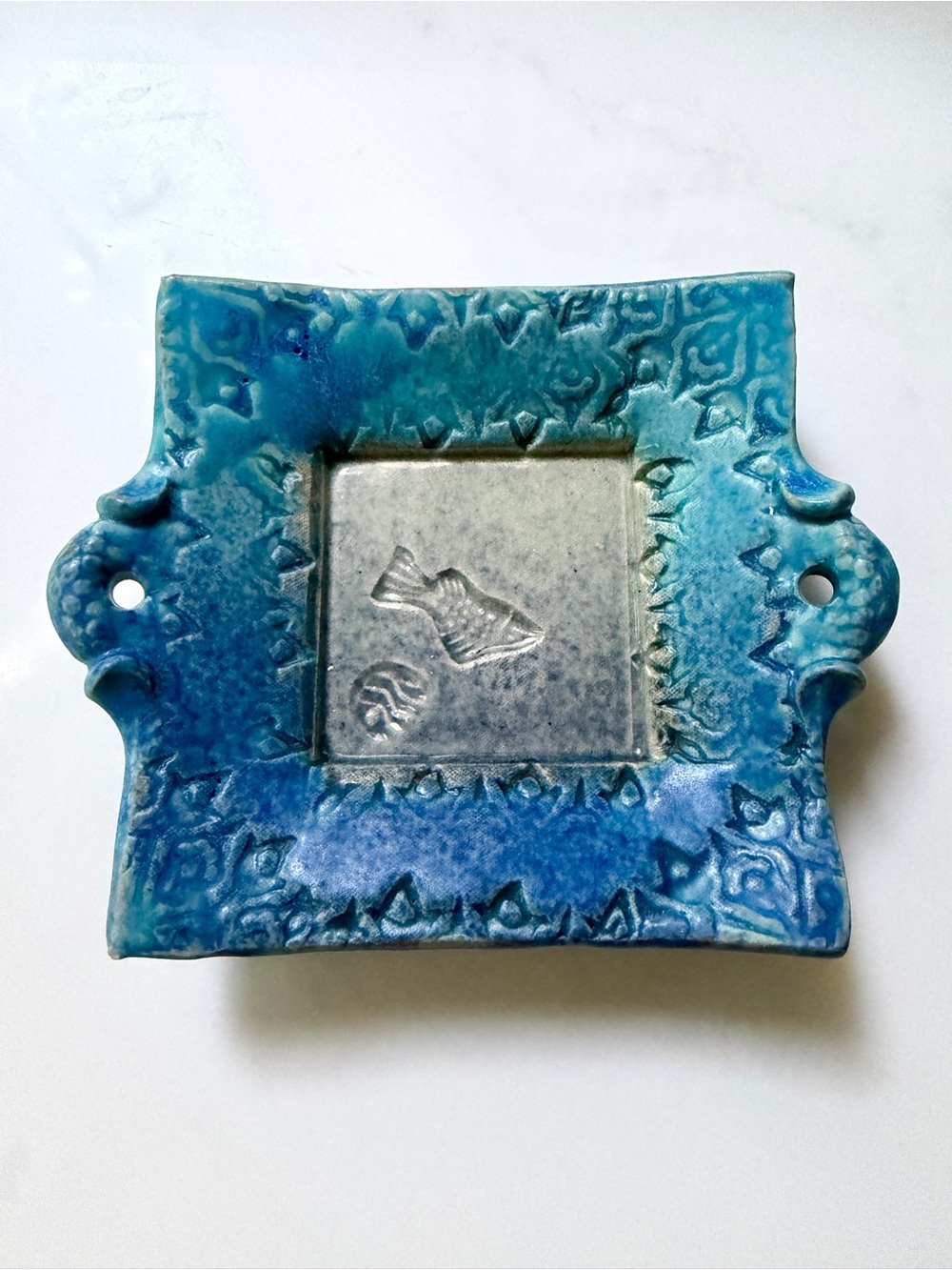 Vintage Studio Pottery Blue Glazed Dish Fish Shell trinket Plate Catchall 1960s